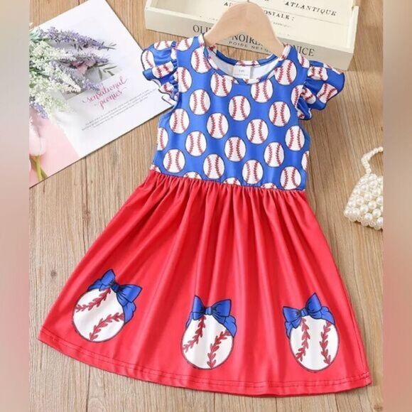 NWT Toddler Girls Blue Red Baseball Dress - Size 3/4 - Picture 1 of 3